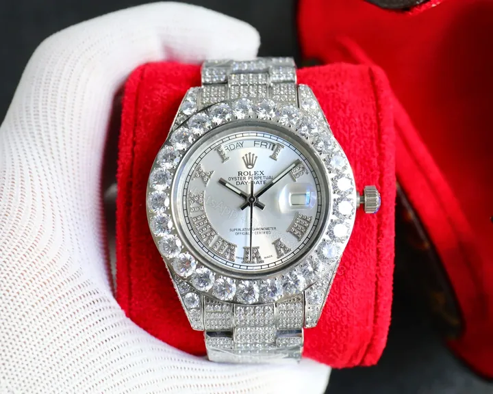 View 1 of Rolex Day-Date Red Diamond Replica 42MM Premium Iced Full Steel Bracelet Edition RG-ROLEX-DD-RED-DIA-ICED-STL-42