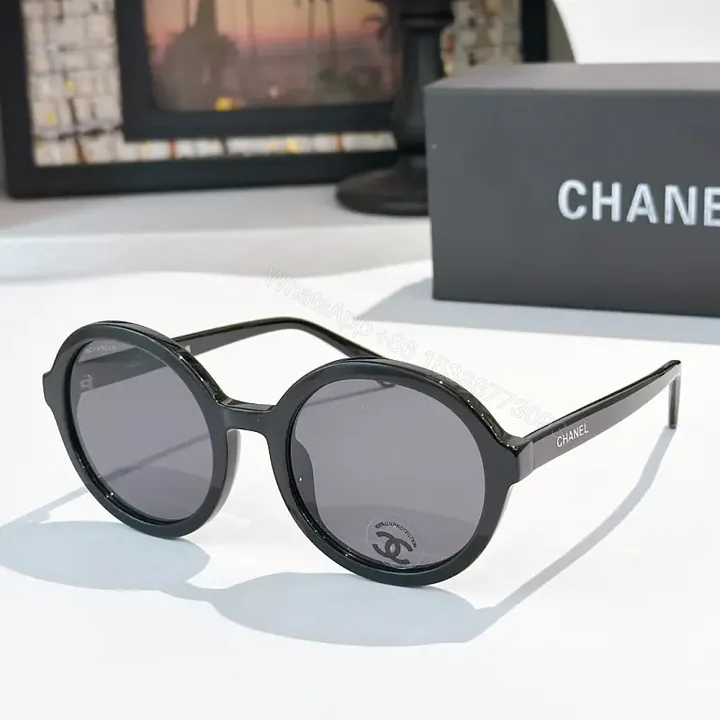 View 1 of Black Frames Round Sunglasses – Oversized, Glossy with Chanel Logo