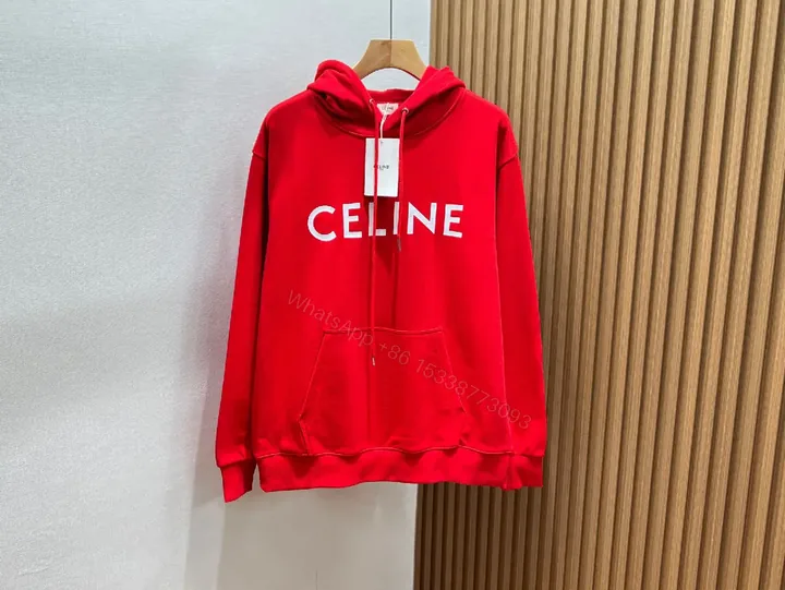 View 1 of Bold Red Hoodie with Celine-Inspired Typography