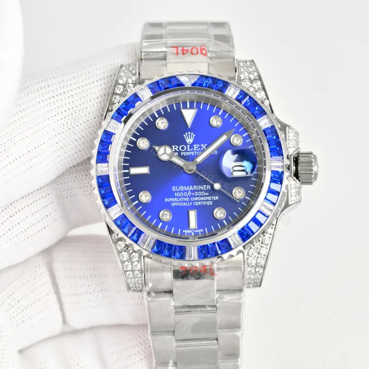 View 1 of Rolex Submariner Blue Diamond Replica 40MM Premium Pavé Steel Bracelet RG-ROLEX-SUB-BLUE-DIAMOND-40