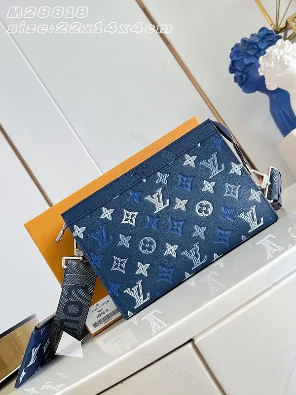 View 1 of Dark Blue Monogram Leather Crossbody with Flap and Silver Hardware