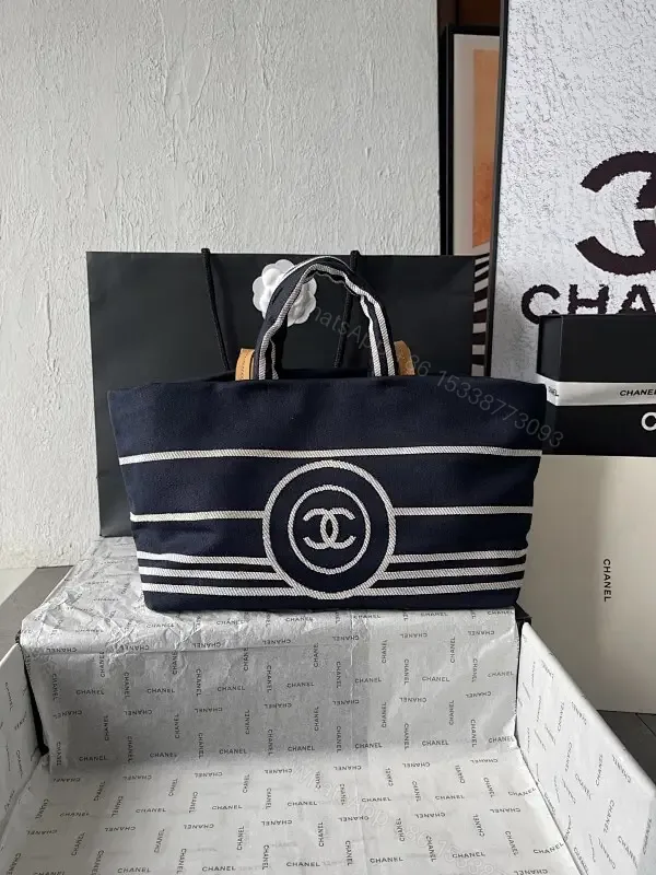 View 1 of Navy Canvas Striped Tote: Luxe Everyday Carryall