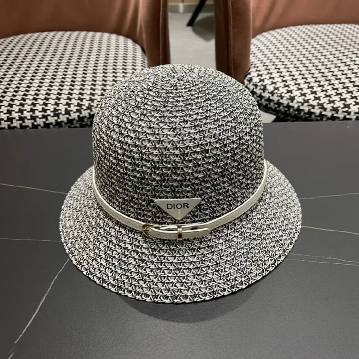 View 1 of Black Straw Hat with Dior Band, Structured Fedora Style, Signed Band
