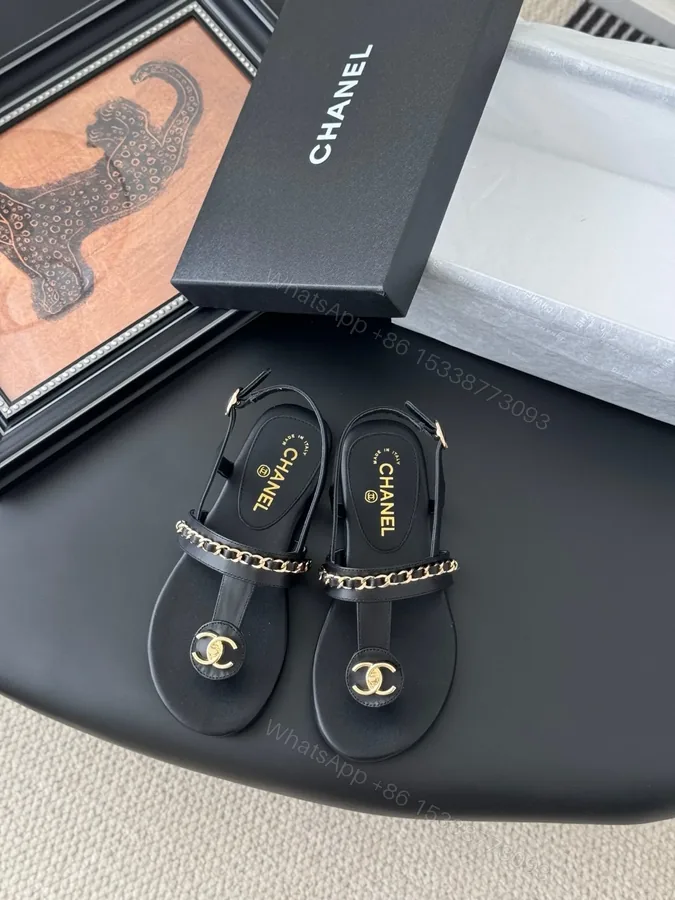 View 1 of Chanel Women Black Leather Chain Detail Sandals
