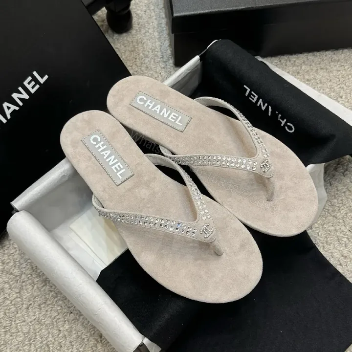 View 1 of Sand Beige Crystal-Embellished Chanel-Style Flip-Flops - All-Day Glam