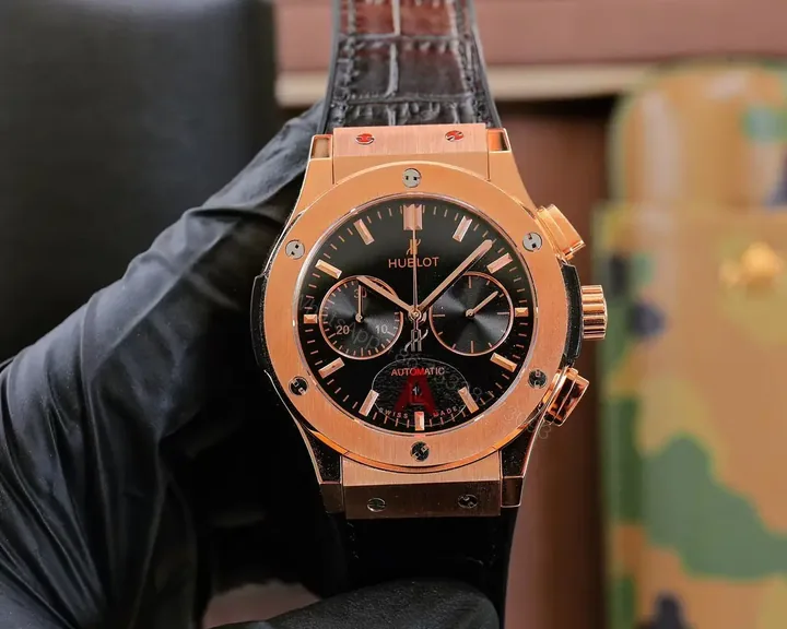 View 1 of Super Clone Hublot Classic Fusion Black Dial Rose Gold Leather Strap Premium 45MM HUBLOT-CF-RG-BLK45