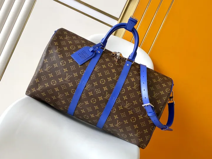 View 1 of Bold Monogram Weekend Bag: Electric Blue Straps, Luxe Travel