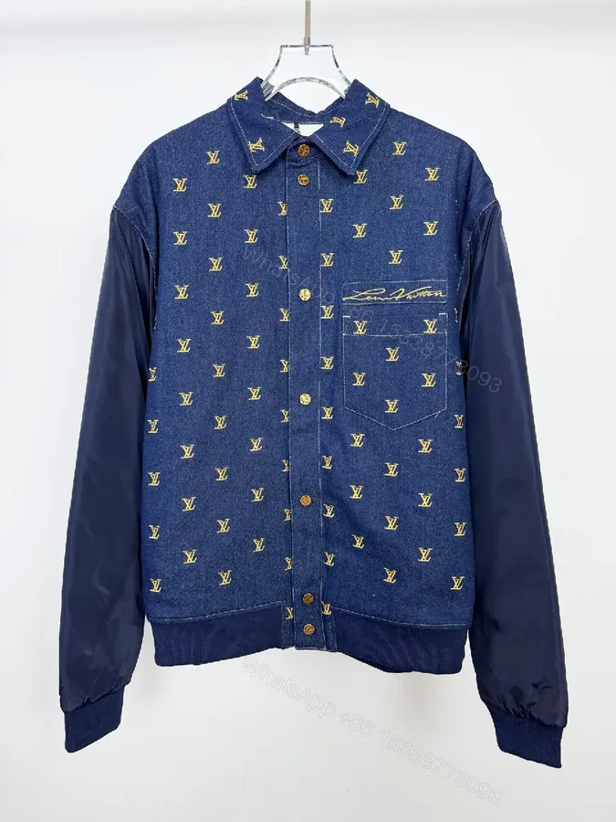 View 1 of Denim Bomber Jacket with Gold Monogram Detailing and Contrast Sleeves