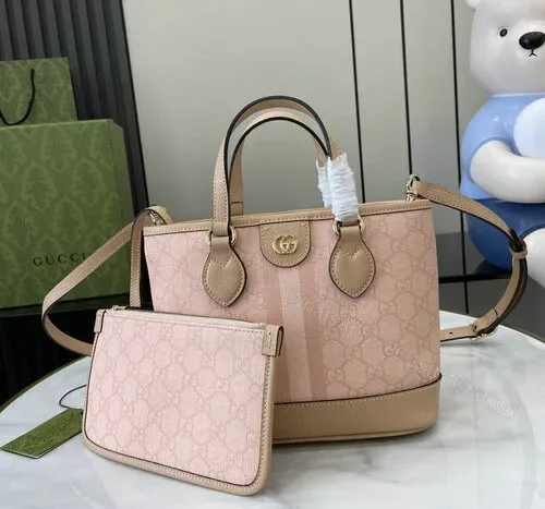 View 1 of Gucci Dusty Pink GG Supreme Canvas and Leather Mini Tote Bag ML75396