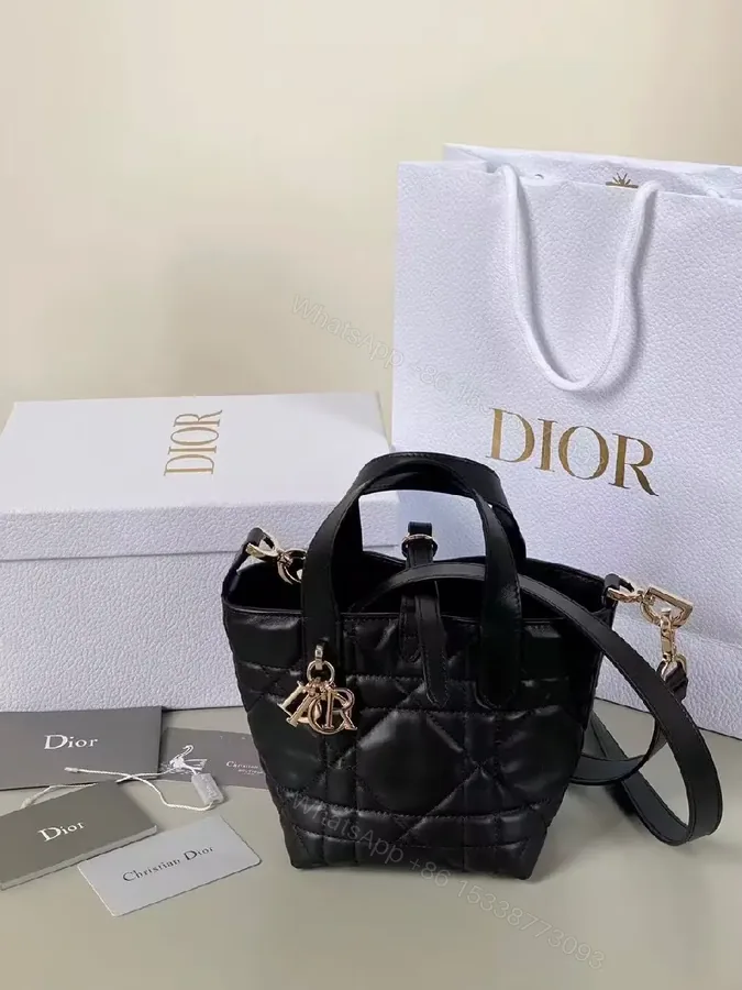 View 1 of Quilted Black Leather Mini Tote with Gold Hardware