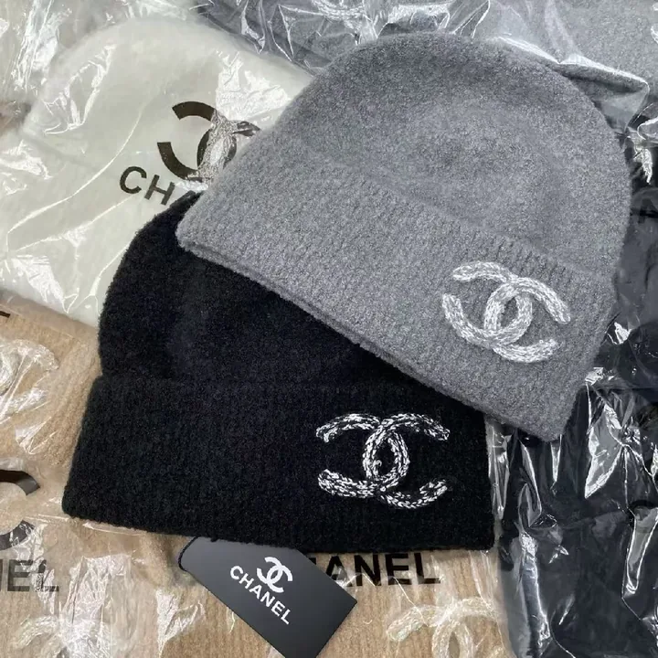 View 1 of Gray Knit Beanie, Plush Fleece, Couture-Inspired Emblem