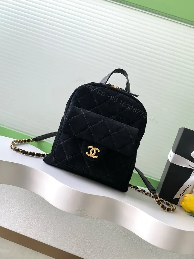 View 1 of Quilted Velvet Backpack with Gold Hardware