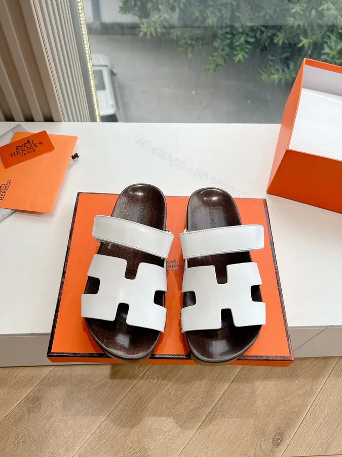View 1 of Hermes Women White Leather Wood Insole Sandals