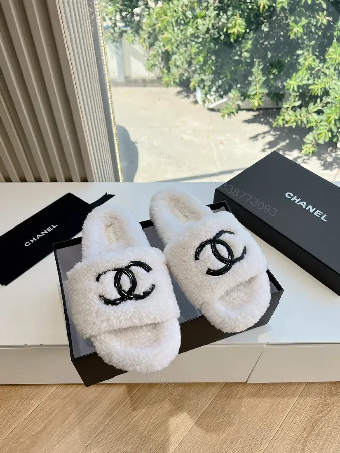 View 1 of White Fuzzy Slides with Logo Detailing, Luxe Comfort Slide