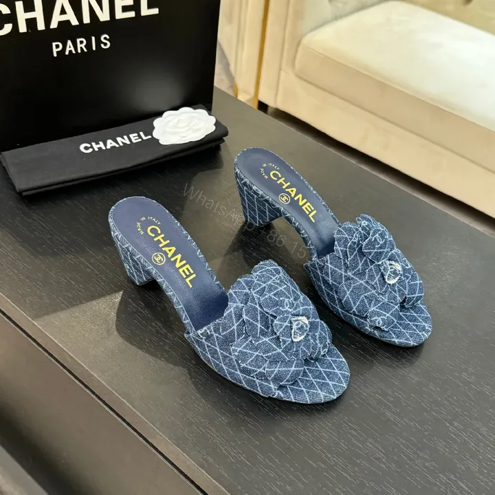 View 1 of Denim-Textured Mule Sandals with Luxe Emblem