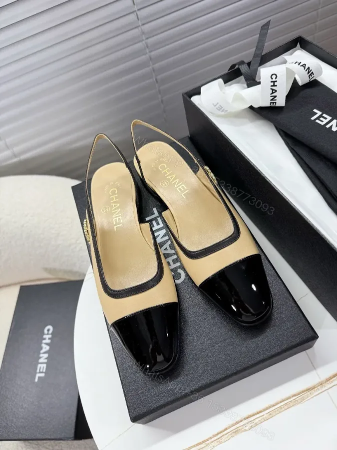 View 1 of Beige Leather Slingback Pumps with Glossy Cap Toe