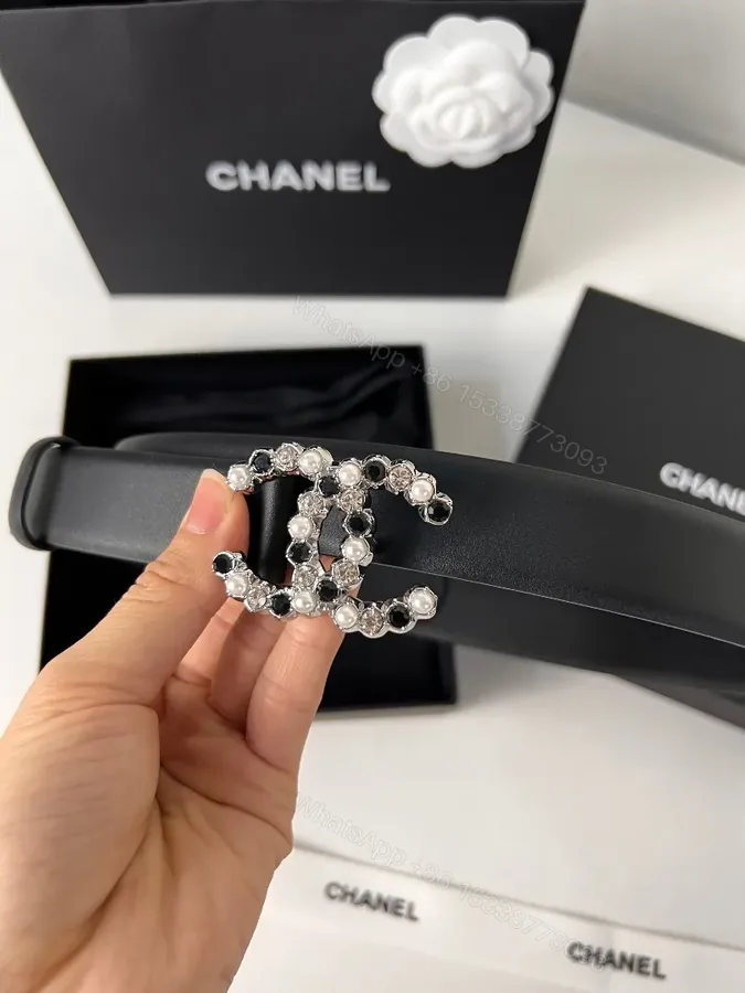 View 1 of Pearl Crystal Logo Belt – Black Strap, Luxe Everyday Style
