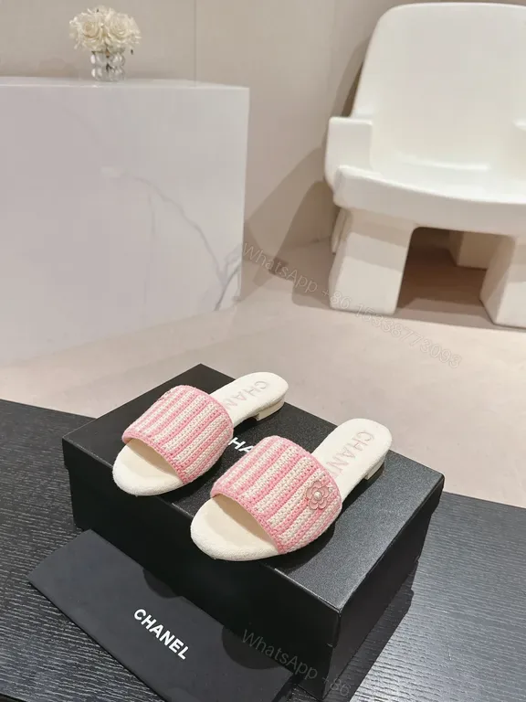 View 1 of Pink Knit Slides with Chanel-Inspired Detail â€“ Effortless Comfort