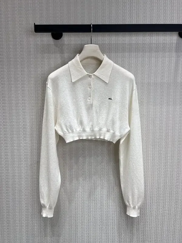 View 1 of Off-White: White Cropped Polo Knit Top with Button Placket