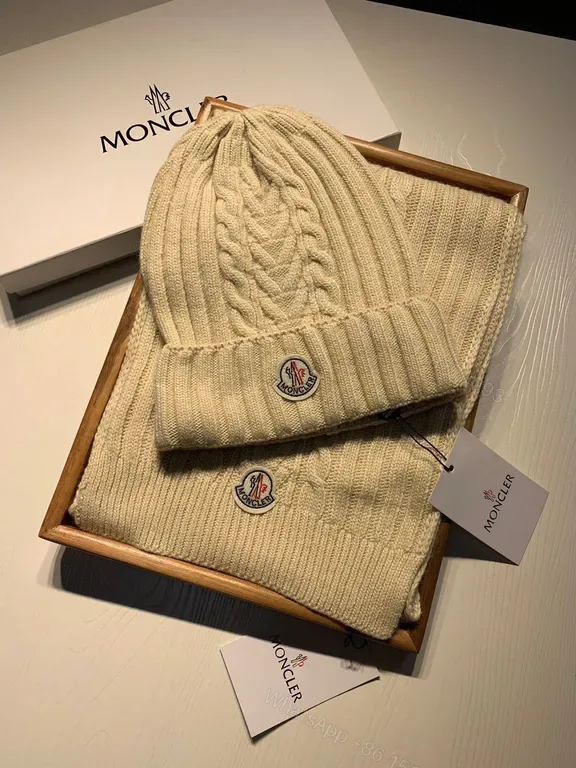 View 1 of Beige Ribbed Knit Beanie & Scarf Set â€“ Moncler Luxury Winter Accessory