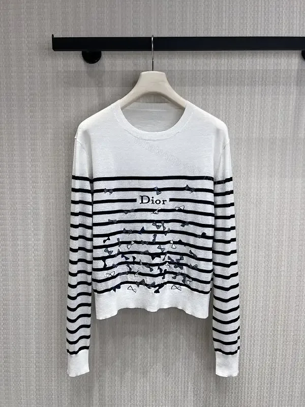 View 1 of White Knit Top Black Stripes Dior Floral Pattern Crew Neck Crop Top
