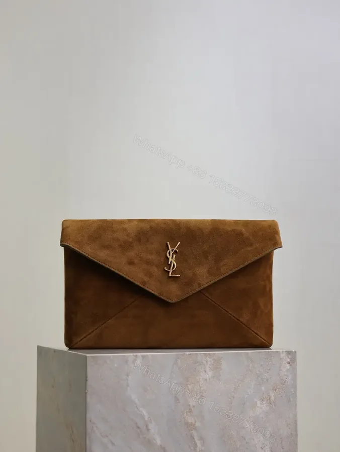 View 1 of Chocolate Suede Envelope Clutch with Gold Hardware