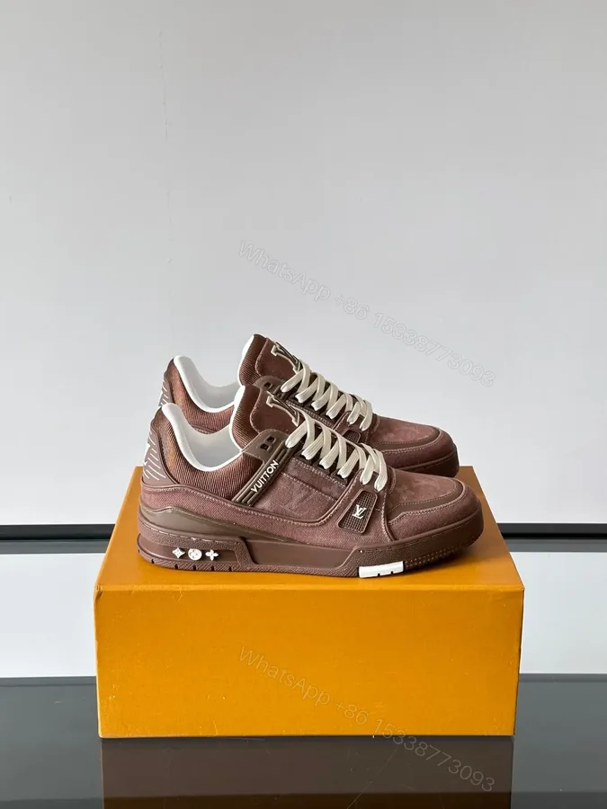 View 1 of LV Men Brown Suede Leather Sneakers