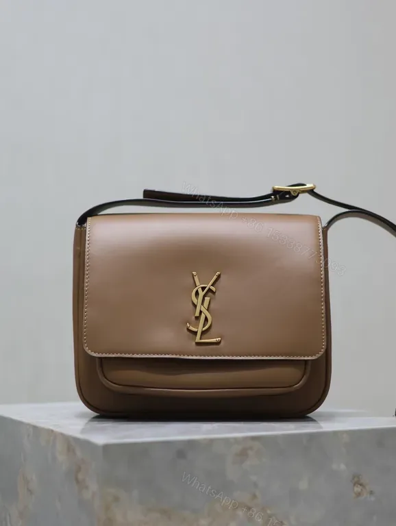View 1 of Taupe Structured Leather Messenger Bag with Gold Logo, Minimalist Style
