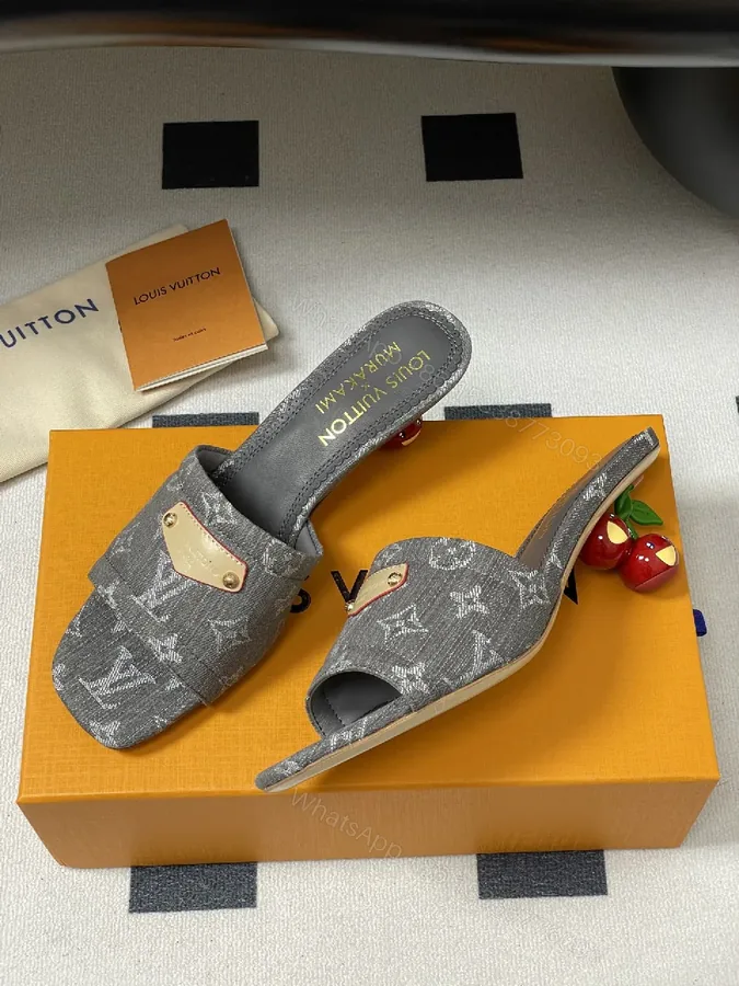 View 1 of Grey Velvet Monogram Mules with Leather Accents: Elevated Comfort
