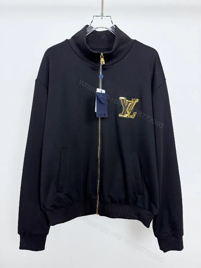 View 1 of Black Leather-Blend Zip Jacket with Luxury Emblem