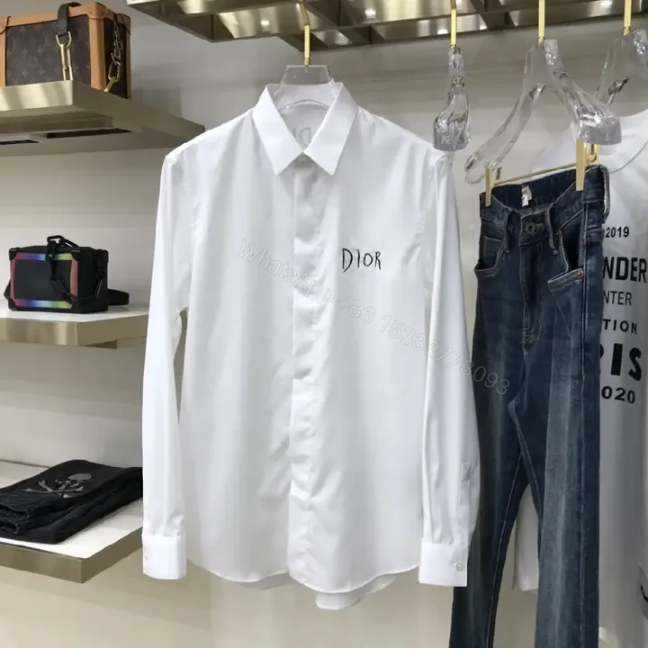 View 1 of White Cotton Shirt with Minimal Dior Emblem, Relaxed Fit, Crisp Look