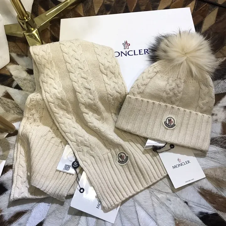 View 1 of Neutral Beige Moncler Knit Set: Wool-Blend Scarf & Beanie