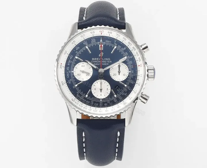 View 1 of KOR Factory Breitling Navitimer 1 B01 Chronograph – Blue Dial, Stainless Steel Case, Leather Strap