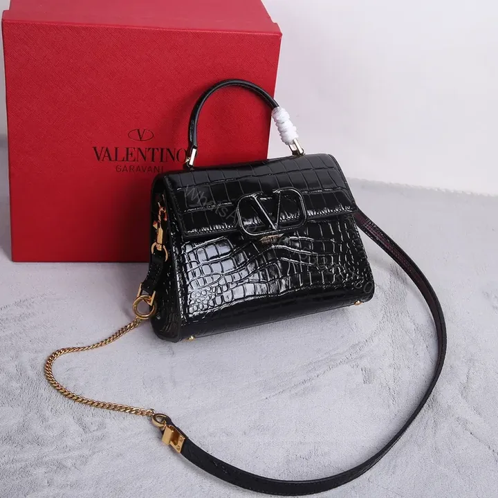 View 1 of Croc-Embossed Satchel: Black Calfskin Valentino Bag