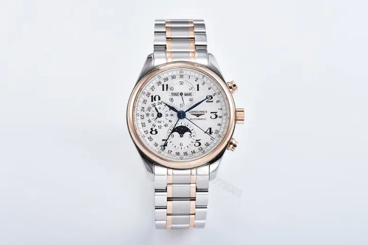 View 1 of Longines Master Collection Moonphase Chronograph Watch Silver Dial Two Tone Stainless Steel and Rose Gold Bracelet 42mm Case Classic Elegant Style