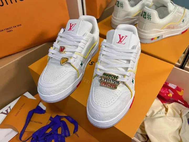 View 1 of Bright Neon Accents Premium White Leather High-Tops