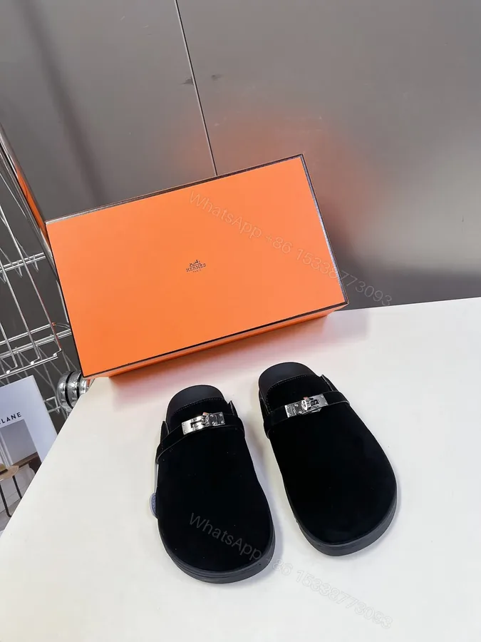 View 1 of Hermes Women Black Suede Leather Slippers