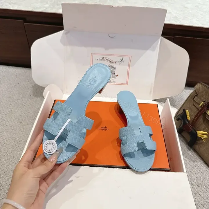 View 1 of Blue Leather Sandals Classic Hermes-Style Open-Toe Sliders