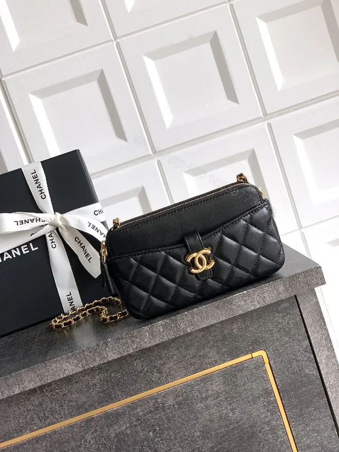 View 1 of Quilted Black Leather Shoulder Bag: Gold Hardware Chic