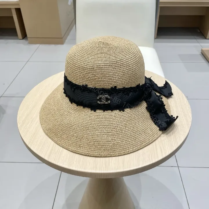 View 1 of Straw Hat with Black Lace Ribbon + Luxe Accent + Sun Hat