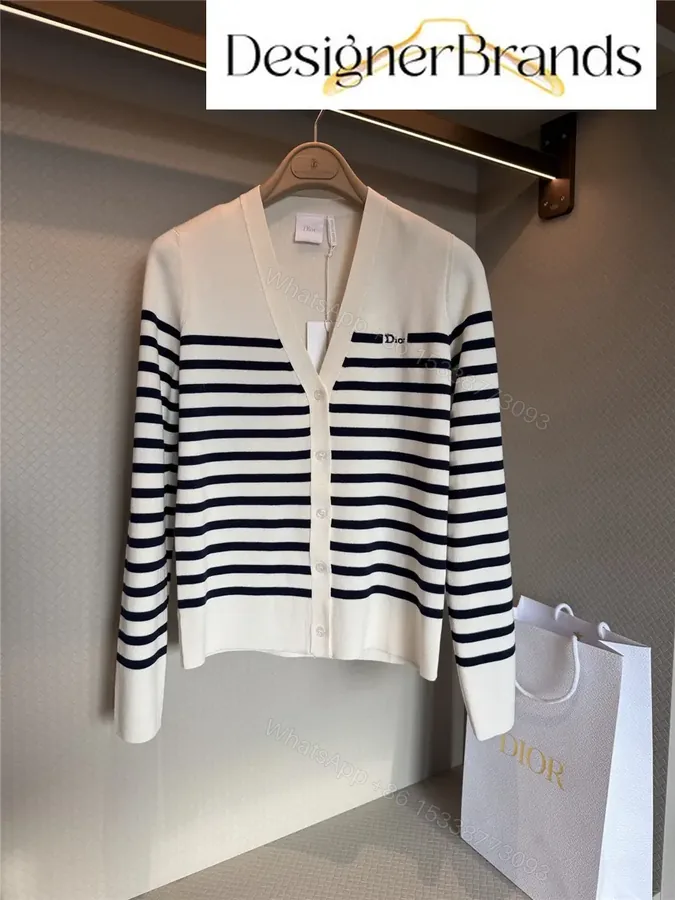 View 1 of White Navy Stripe Cardigan Knit Cardigan with Dior Logo