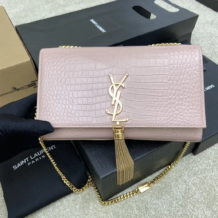 View 1 of Soft Pink Croc Leather Clutch with Gold Hardware