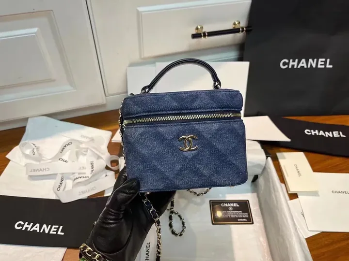 View 1 of Mini Denim Chanel Logo Crossbody â€“ City-Chic Compact Bag