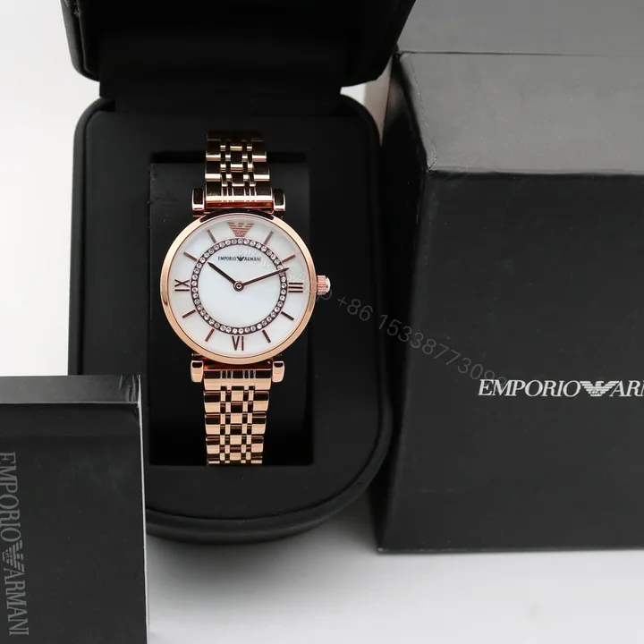 View 1 of First Copy Emporio Armani Rose Gold White Dial Roman Marker Diamond Bezel Women’s Analog Watch