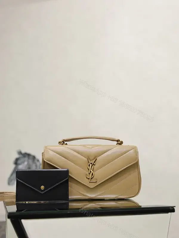 View 1 of Beige Leather Structured Top-Handle Flap Bag with YSL Logo