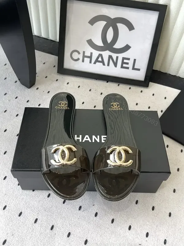 View 1 of Black Patent Leather Slides Gold Chanel Logo - Slide Sandals