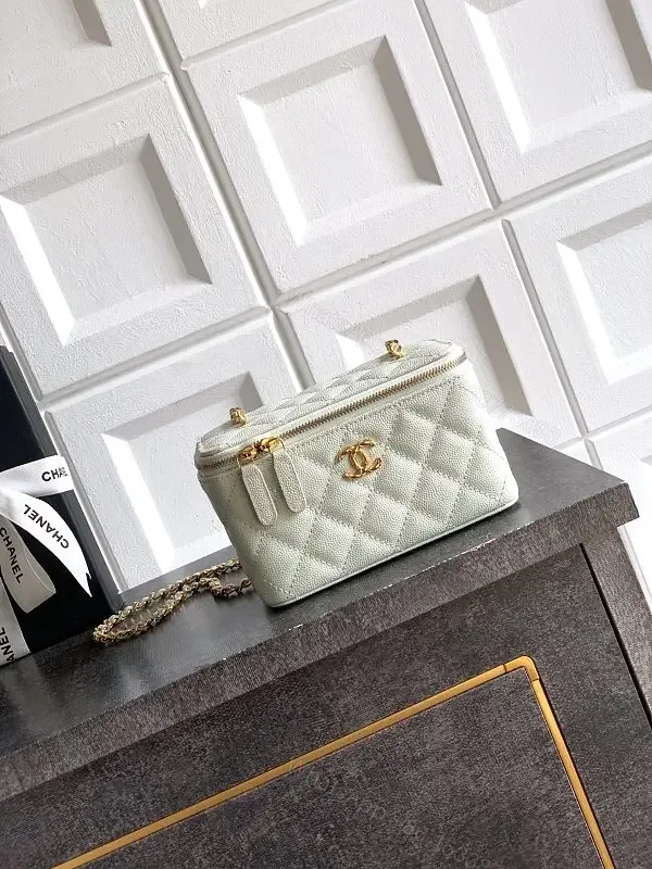 View 1 of mint green quilted leather shoulder bag with gold chain and logo charm