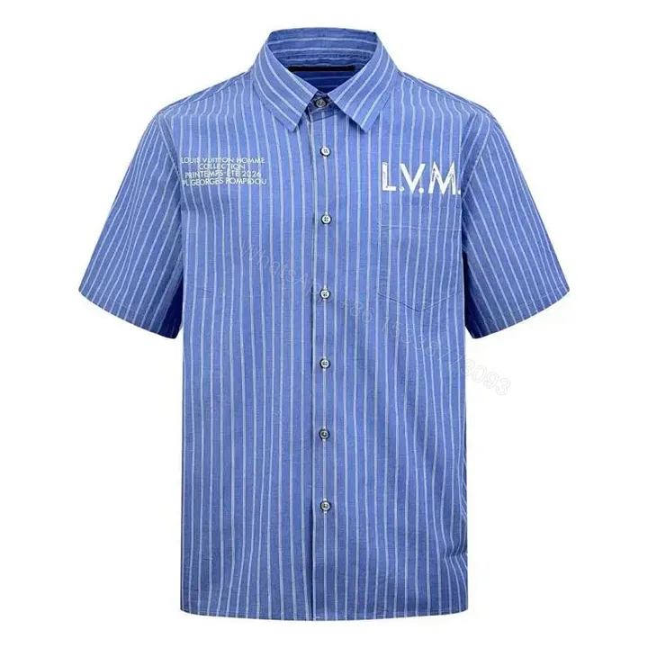 View 1 of Blue Stripe Cotton-Blend Shirt with Subtle LV.M Logo