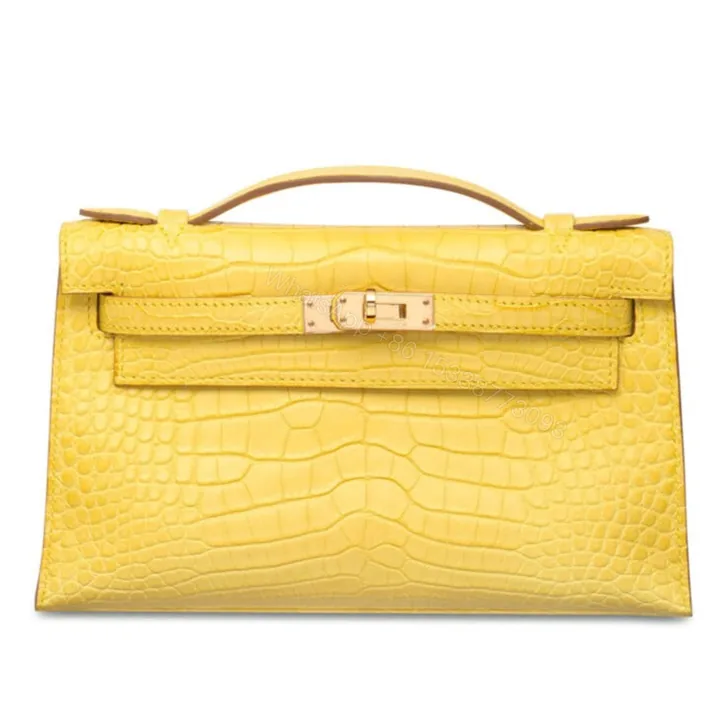 View 1 of H MINI KELLY POCHETTE CROCODILE GOLD TONED HARDWARE YELLOW 22CM