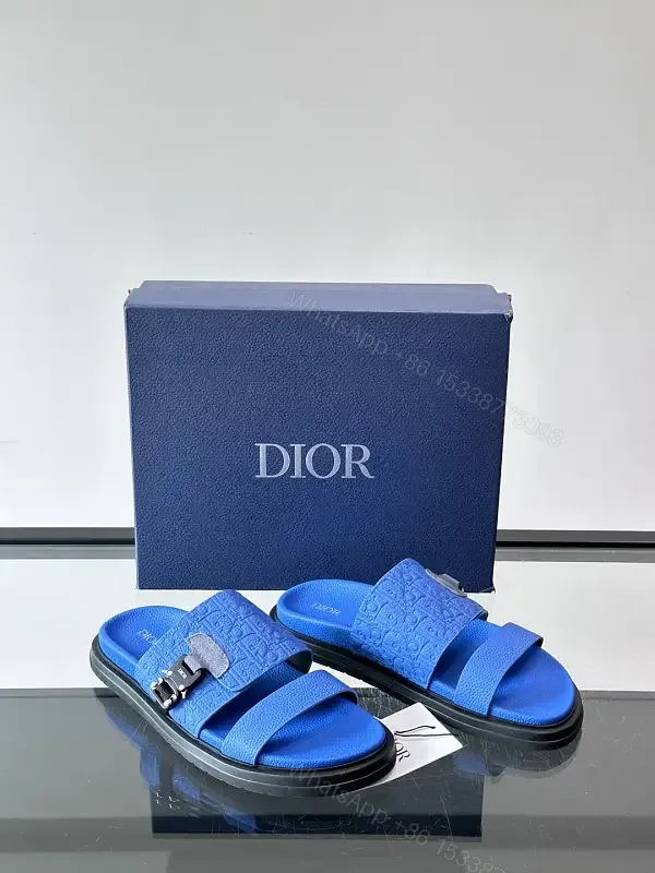 View 1 of Blue Embossed Slide Sandals with Buckle - Dior Inspired Sm?